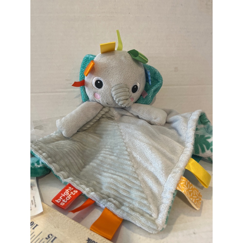 Bright Starts Elephant Taggies Security Blanket Gray‎ Teal Tropical Leaf 12344